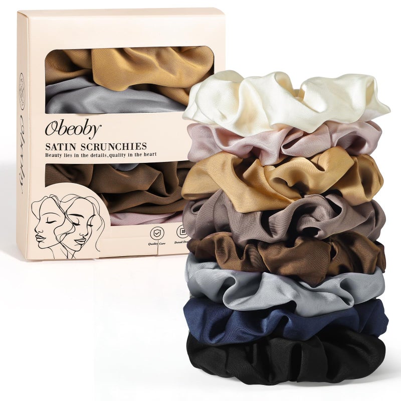 obeoby Satin Scrunchies for Ponytails Buns, 8 Pack No Crease Satin Hair Ties for Sleeping Overnight Wear Gentle Hair Scrunchies for Thick & Thin - Image 1