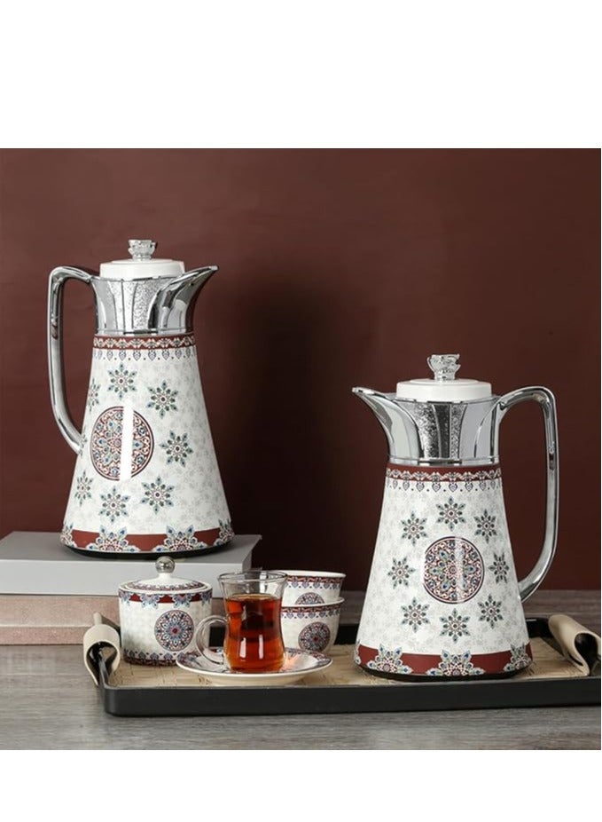 Arabic Coffee & Tea Gift Set – 2 Vacuum Flasks (0.5L & 1L) with Glass Liner + 6 Cups, Saucers, Cawa Cups & Sugar Bowl | Luxury White & Red Stainless Steel & Porcelain – 26-Piece Set