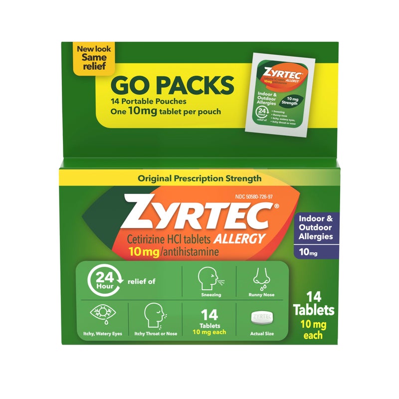 Zyrtec 24 Hour Allergy Relief Tablets, Antihistamine Indoor & Outdoor Anti Allergy Medicine + Cetirizine HCl, Relief from Runny Nose, Sneezing, & Itchy Eyes, Single Packs, 14 x 1 ct Packets - Image 1