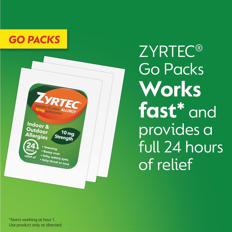 Zyrtec 24 Hour Allergy Relief Tablets, Antihistamine Indoor & Outdoor Anti Allergy Medicine + Cetirizine HCl, Relief from Runny Nose, Sneezing, & Itchy Eyes, Single Packs, 14 x 1 ct Packets - Image 4