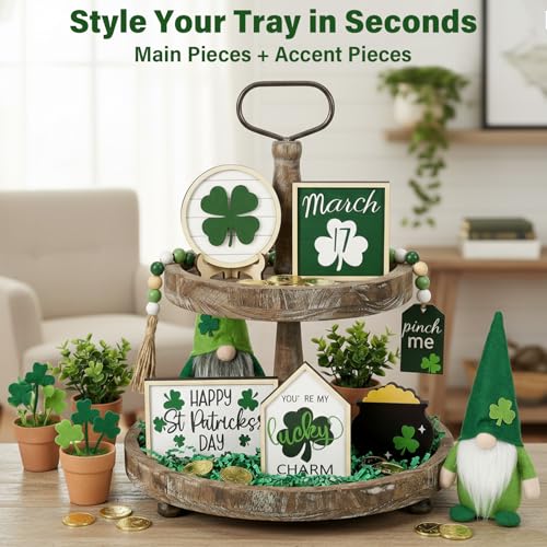 TNDCKP St. Patrick's Day Tiered Tray Decor Set, 0.71 in Extra Thick Freestanding Shamrock Wood Signs with Bead Garland, Lucky Farmhouse Decor for Shelf, Mantel, Countertop - Image 4