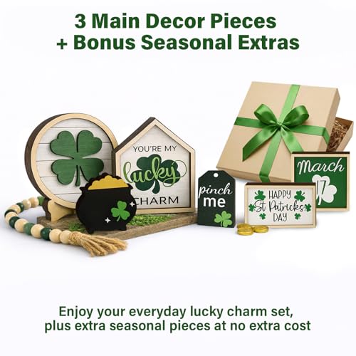 TNDCKP St. Patrick's Day Tiered Tray Decor Set, 0.71 in Extra Thick Freestanding Shamrock Wood Signs with Bead Garland, Lucky Farmhouse Decor for Shelf, Mantel, Countertop - Image 2
