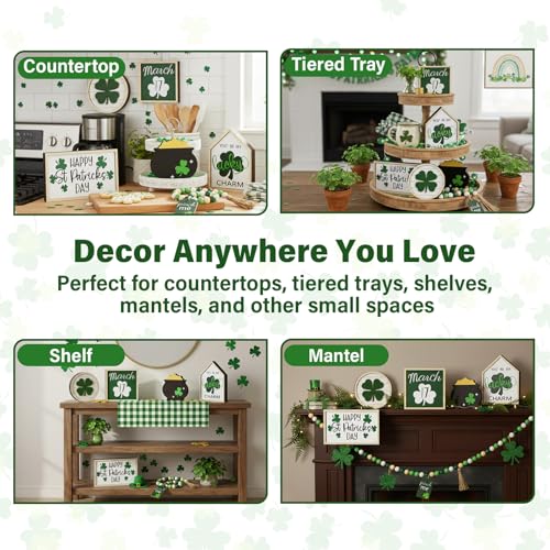 TNDCKP St. Patrick's Day Tiered Tray Decor Set, 0.71 in Extra Thick Freestanding Shamrock Wood Signs with Bead Garland, Lucky Farmhouse Decor for Shelf, Mantel, Countertop - Image 5