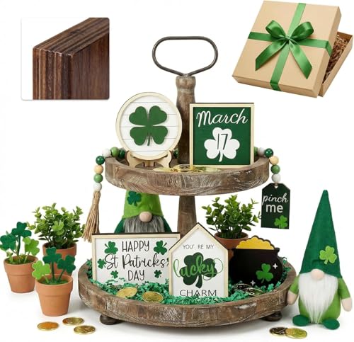 TNDCKP St. Patrick's Day Tiered Tray Decor Set, 0.71 in Extra Thick Freestanding Shamrock Wood Signs with Bead Garland, Lucky Farmhouse Decor for Shelf, Mantel, Countertop - Image 1