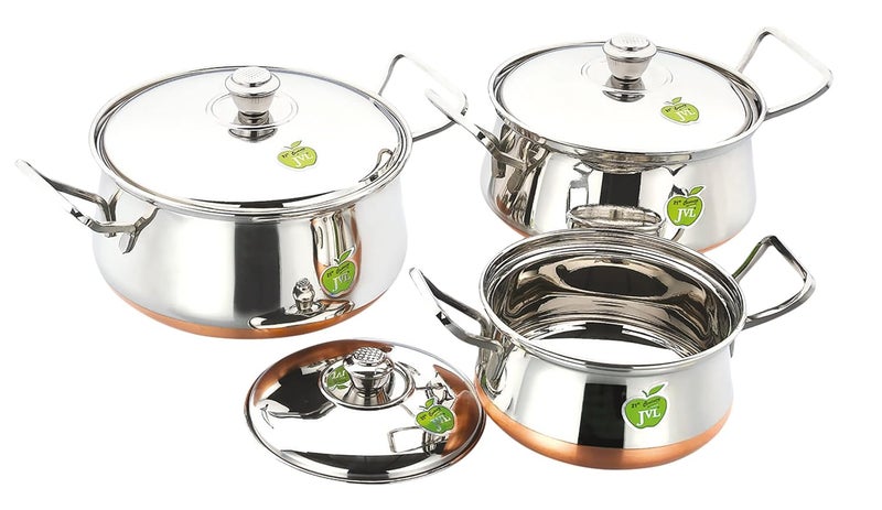 JVL Stainless Steel Copper Bottom PotHandi with Lid Handle Set 850 1300 2200 ml 3Piece Copper Bottom Handi Set for Cooking 3 Piece Handi Set for Serving JVLOPCU1 - Image 1