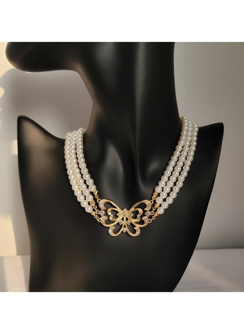 KUYING Vintage Pearl Studded Diamond Necklace 