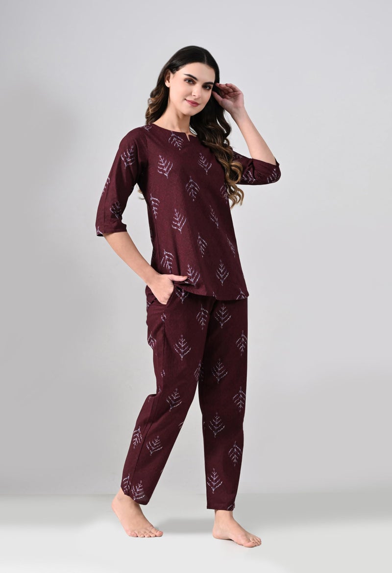Ichaa Women Cotton Printed Night Wear Top and Bottom Night Suit Set, Brown, Small - Image 3