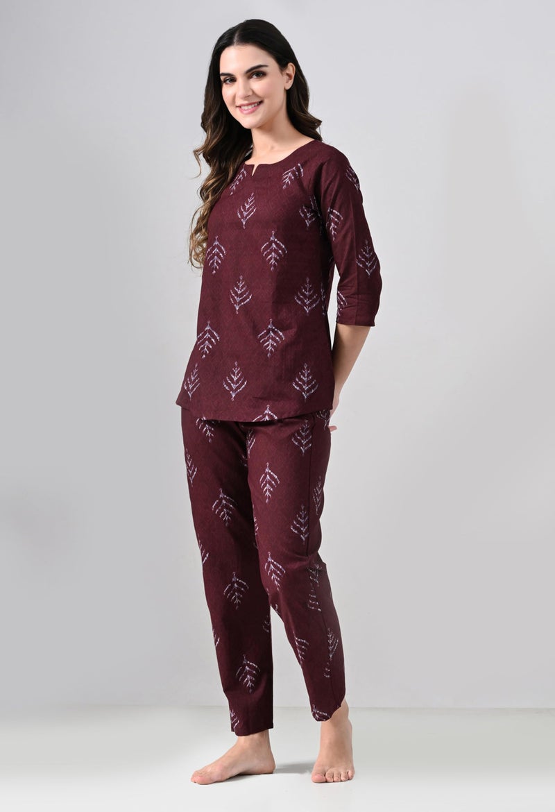 Ichaa Women Cotton Printed Night Wear Top and Bottom Night Suit Set, Brown, Small - Image 5