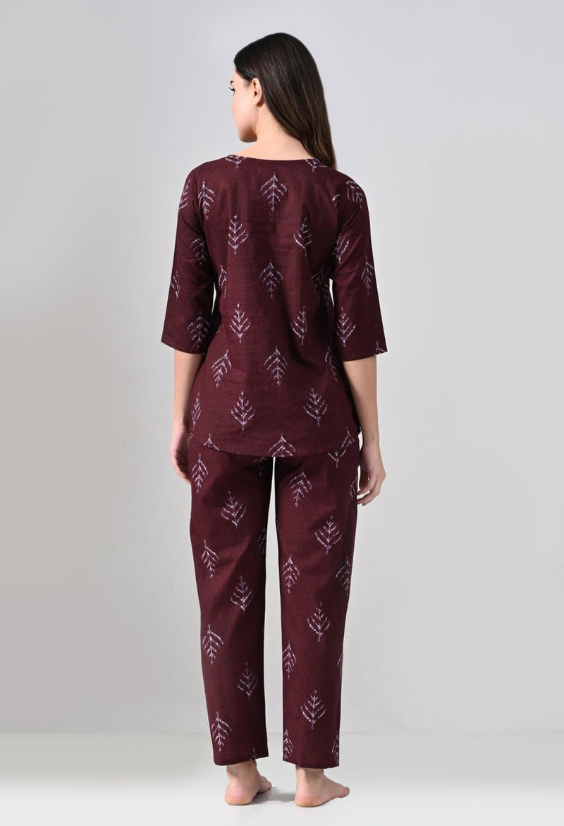 Ichaa Women Cotton Printed Night Wear Top and Bottom Night Suit Set, Brown, Small - Image 2