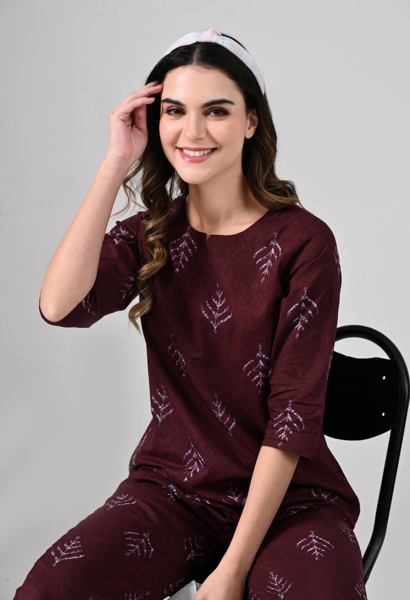 Ichaa Women Cotton Printed Night Wear Top and Bottom Night Suit Set, Brown, Small - Image 4