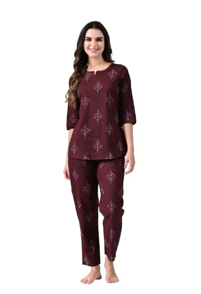 Ichaa Women Cotton Printed Night Wear Top and Bottom Night Suit Set, Brown, Small - Image 1