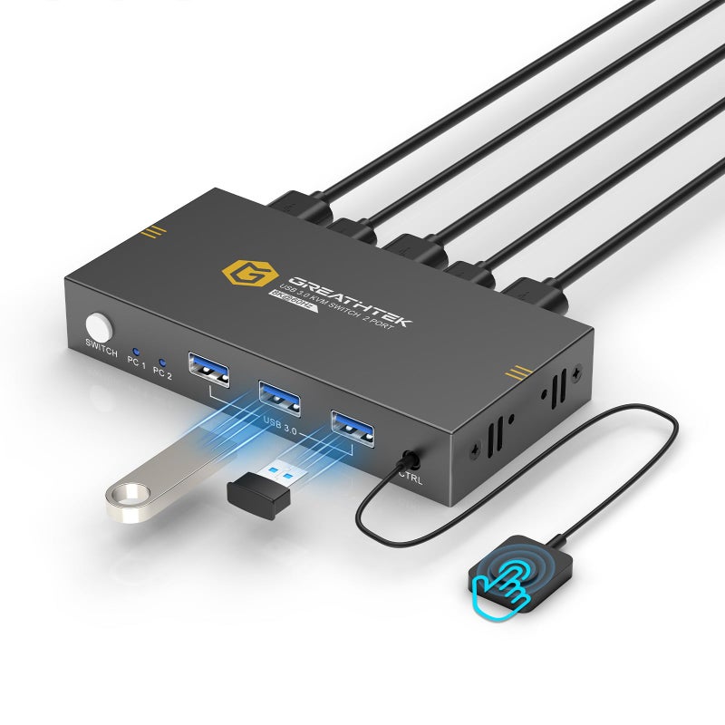 GREATHTEK KVM Switches 2 Port 8K60Hz GREATHTEK KVM Switch HDMI Share USB Devices with 3 USB30 Hubs 2 Computers 1 Monitor Share Keyboard Mouse Printer Button Switch Desktop Remote Control Plug and Play - Image 2