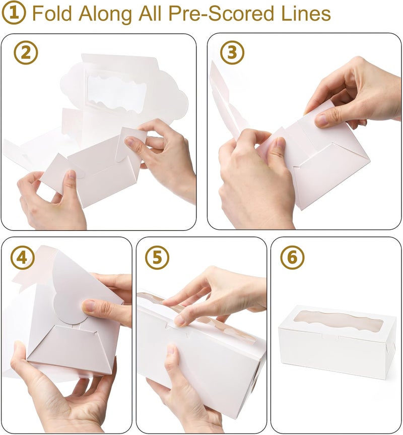 Kingrol 50 Pack White Bakery Boxes with Window, 9x4x3.5 Inch Dessert Boxes for Baked Goods, Pastry Boxes for Swiss Rolls, Cookies, Muffins, and Dessert Packaging - Image 4