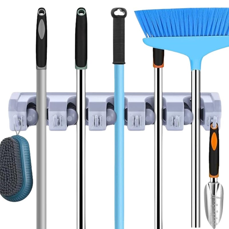 Happy Home Broom Hanger Brush Mop Organizer, 5 Slots 6 Hangers Wall Mounted Mop and Broom Hanger for kitchen, Garden, Tools and Garage.