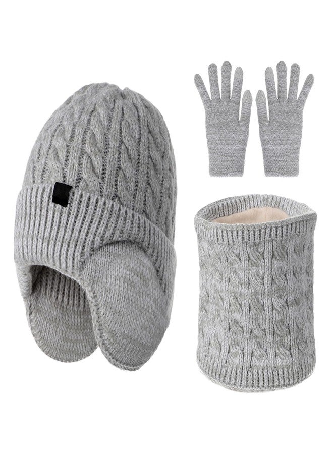 PURFUN 3Pcs Kids Winter Hat Scarf Gloves Set, Toddler Children Soft Thick Warm Thermal Knitted Fleece Lined Beanie Cap with Earflap Snood Neck Warmer Touchscreen Mittens for Girl Boy Age 4-10 Outdoor Sports - Image 1