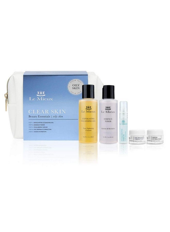 Le Mieux Clear Skin Beauty Essentials For Oily Skin 5Piece Skincare Kit Exfoliating Cleansing Gel Essence Toner Hyaluronic Serum Eye Wrinkle Corrector & Sheer Hydration For Blemishprone Skin - Image 1
