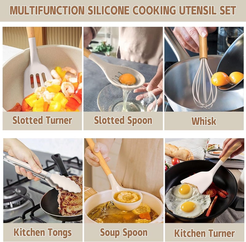 33-Piece Non-Stick Silicone Cooking Utensil Set with Wooden Handles and Holder, Khaki - Image 3