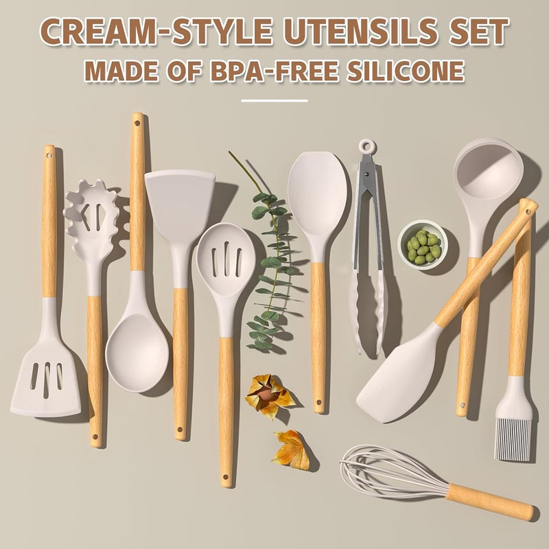 33-Piece Non-Stick Silicone Cooking Utensil Set with Wooden Handles and Holder, Khaki - Image 4