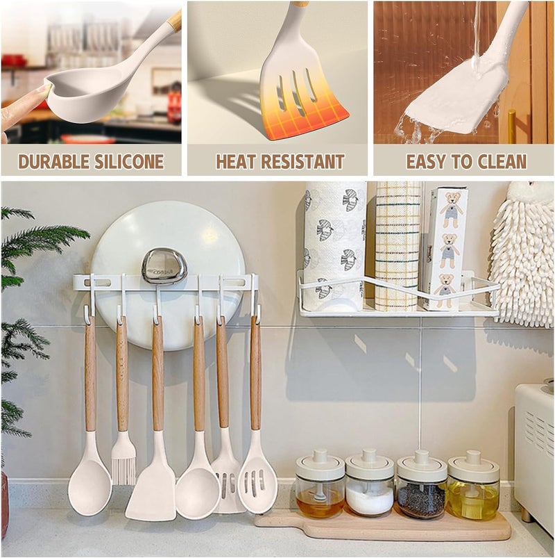 33-Piece Non-Stick Silicone Cooking Utensil Set with Wooden Handles and Holder, Khaki - Image 5