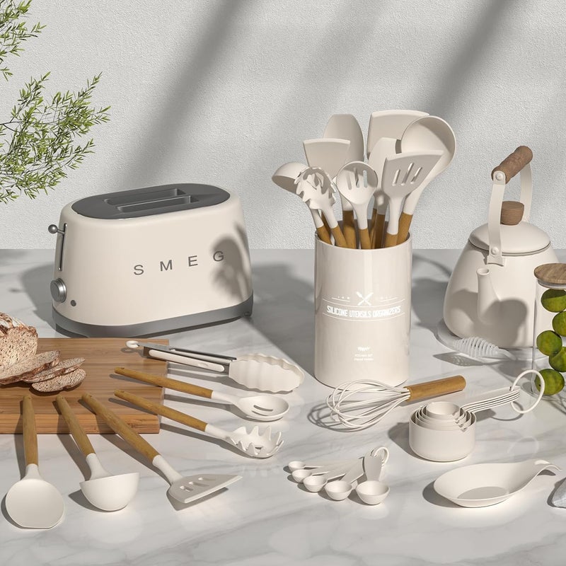 33-Piece Non-Stick Silicone Cooking Utensil Set with Wooden Handles and Holder, Khaki - Image 2