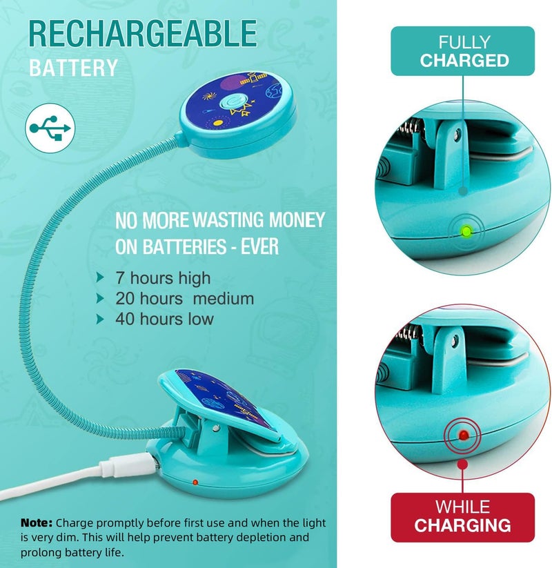 Vekkia Cute Rechargeable Book Light,Eye Caring Reading Light for Kids Clip on, 3 Colors & 3 Brightness, 1.8oz Super Light Weight, Up to 40 Hours Reading. Great Gifts for Kids & Readers (Blue) - Image 4