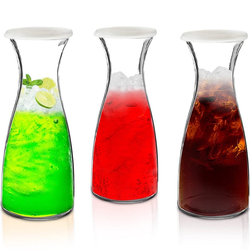 3Piece Glass Carafe Set  1 Liter Pitchers for Party  10 Inch Tall Jugs Water or Milk Bottles