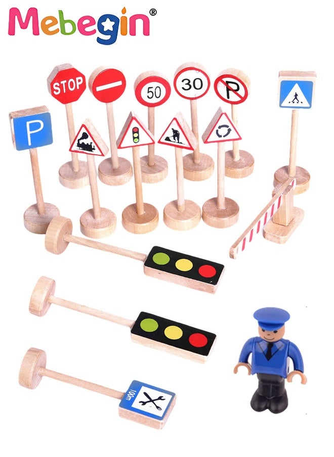 MEBEGIN 15PCS Wood Traffic Road Signs Playset with Rich Accessaries, Full Road Signs Toy, Mini Traffic Sign Set, Educational Playset Pieces for Kids, Easy for Kids to Remember All Traffic Signs  - Image 2