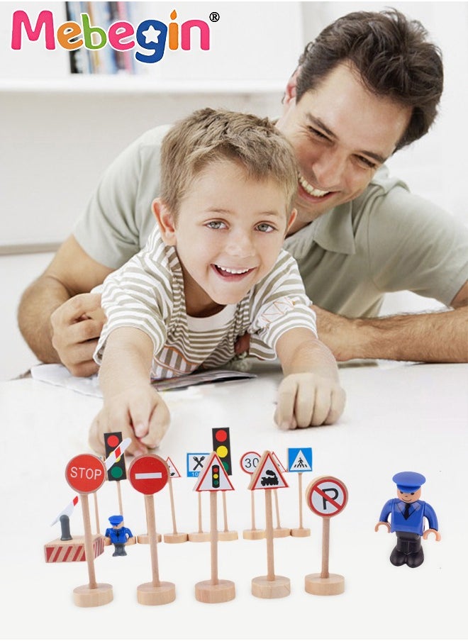 MEBEGIN 15PCS Wood Traffic Road Signs Playset with Rich Accessaries, Full Road Signs Toy, Mini Traffic Sign Set, Educational Playset Pieces for Kids, Easy for Kids to Remember All Traffic Signs  - Image 1