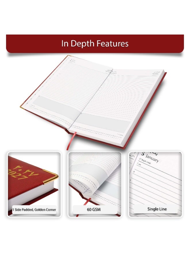 FIS 2027 A4 Diary, 210x297mm Size, 1 Side Padded Vinyl, Golden Corners, 1 Day a Page Format, English/Arabic, 60gsm White Paper, Maroon Cover-FSDI42AE27MR - Image 5