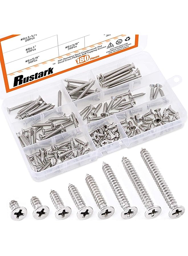 Rustark 180Pcs [#8 3/8" to 1-1/2"] 304 Stainless Steel Countersunk Flat Head Phillips Cross Wood Screws Drive Self Tapping Drilling Screw Assortment Kit - Image 1