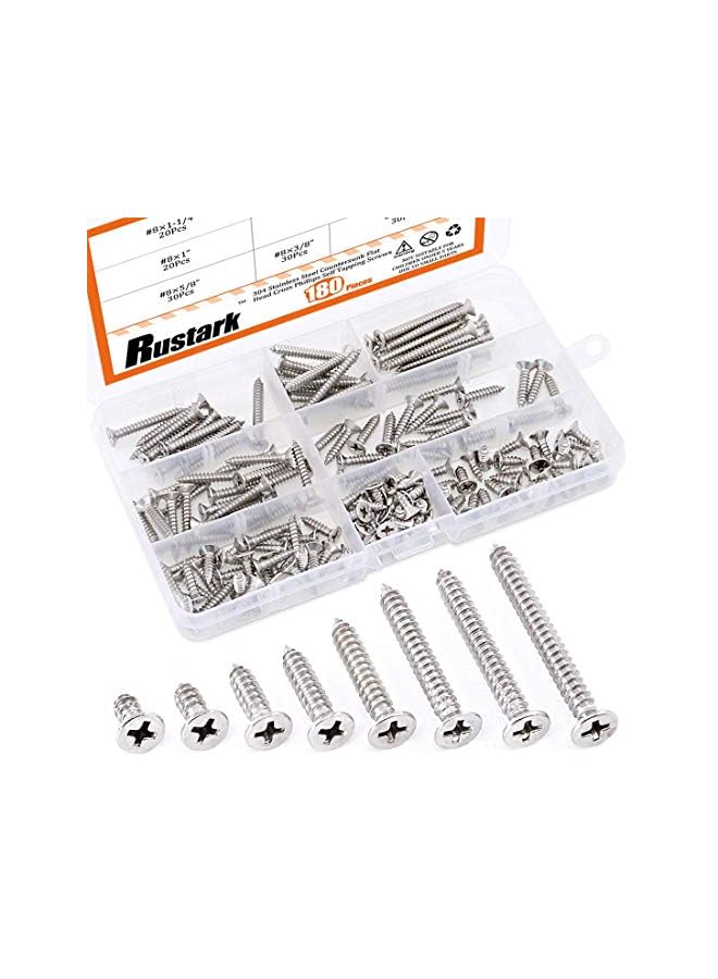 Rustark 180Pcs [#8 3/8" to 1-1/2"] 304 Stainless Steel Countersunk Flat Head Phillips Cross Wood Screws Drive Self Tapping Drilling Screw Assortment Kit - Image 2