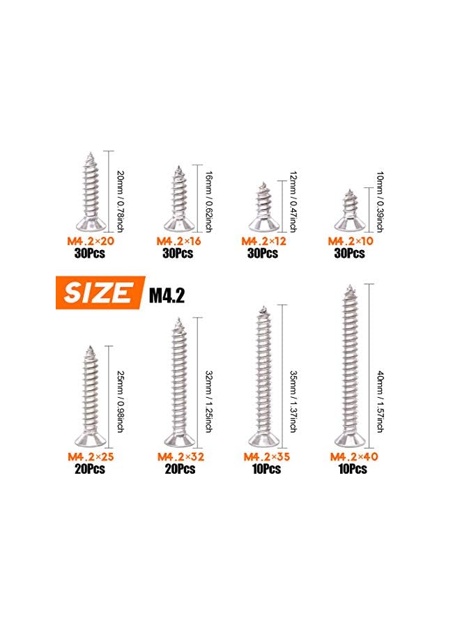 Rustark 180Pcs [#8 3/8" to 1-1/2"] 304 Stainless Steel Countersunk Flat Head Phillips Cross Wood Screws Drive Self Tapping Drilling Screw Assortment Kit - Image 3