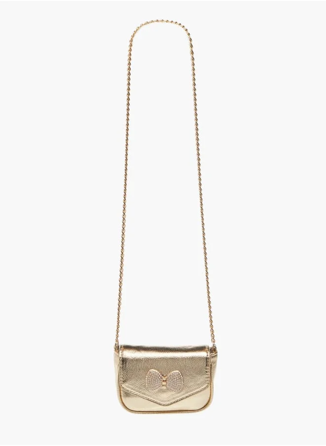 ميسي الصغيرة Girls Bow Embellished Crossbody Bag with Chain Strap and Button Closure