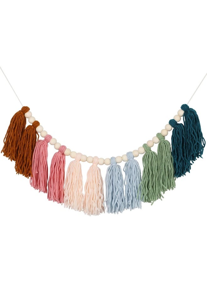 XMGZQ XMGZQ Colorful Tassel Garland Boho Tassel Garland with Wood Beads Macrame Woven Tassel Garland Banner Wall Hangings Decorative for Kids Bedroom Nursery Party Holiday Wedding Decoration (B)  - Image 1