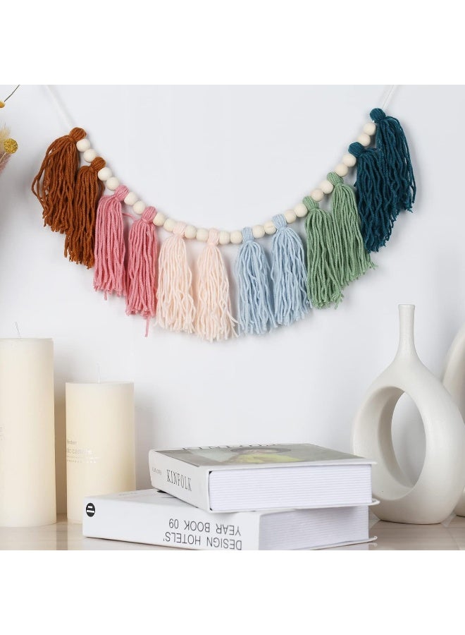 XMGZQ XMGZQ Colorful Tassel Garland Boho Tassel Garland with Wood Beads Macrame Woven Tassel Garland Banner Wall Hangings Decorative for Kids Bedroom Nursery Party Holiday Wedding Decoration (B)  - Image 3