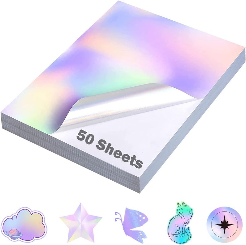 50 Sheets Holographic Sticker Paper Clear A4 Vinyl Sticker Paper Self Adhesive Waterproof Transparent Film, 11.7 x 8.3 Inch - Image 1