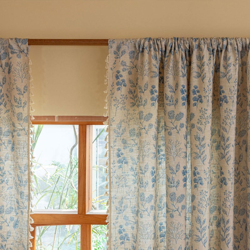 ENJOYBRIDAL Blue Floral Curtains 63 Inches Long 2 Panels Set Semi Sheer Living Room Drapes Boho Short Bedroom Farmhouse Window Curtain Panels Tassel Decorative Aesthetic Rod Pocket Window Treatments - Image 4