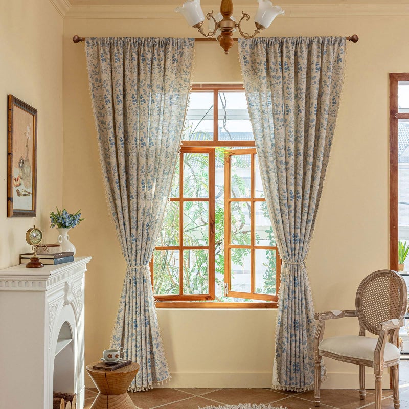 ENJOYBRIDAL Blue Floral Curtains 63 Inches Long 2 Panels Set Semi Sheer Living Room Drapes Boho Short Bedroom Farmhouse Window Curtain Panels Tassel Decorative Aesthetic Rod Pocket Window Treatments - Image 5