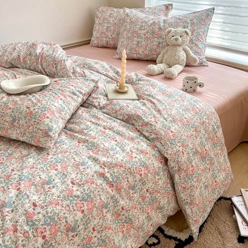 MOTNTD Garden Floral Duvet Cover Queen Green Pink Rose Flower Bedding Set Queen Soft Cotton Boho Aesthetic Shabby Chic Duvet Cover Set Country Style Cute Bunny Pattern Comforter Cover with Zipper Closure - Image 3