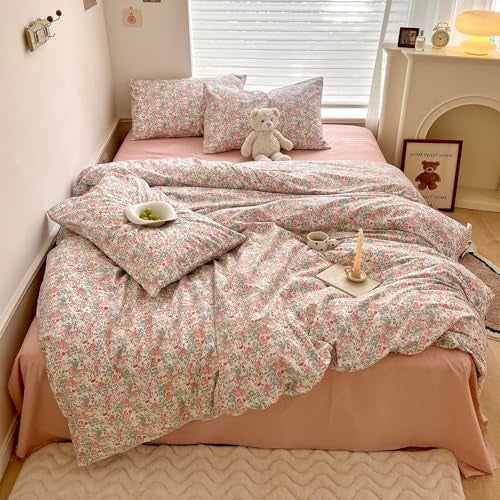 MOTNTD Garden Floral Duvet Cover Queen Green Pink Rose Flower Bedding Set Queen Soft Cotton Boho Aesthetic Shabby Chic Duvet Cover Set Country Style Cute Bunny Pattern Comforter Cover with Zipper Closure - Image 1