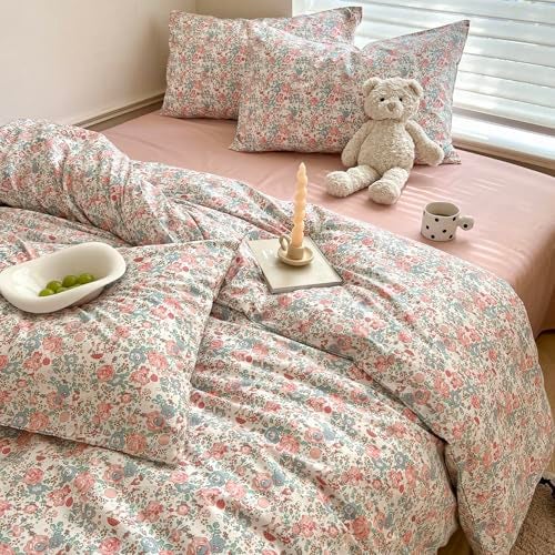 MOTNTD Garden Floral Duvet Cover Queen Green Pink Rose Flower Bedding Set Queen Soft Cotton Boho Aesthetic Shabby Chic Duvet Cover Set Country Style Cute Bunny Pattern Comforter Cover with Zipper Closure - Image 2