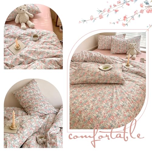 MOTNTD Garden Floral Duvet Cover Queen Green Pink Rose Flower Bedding Set Queen Soft Cotton Boho Aesthetic Shabby Chic Duvet Cover Set Country Style Cute Bunny Pattern Comforter Cover with Zipper Closure - Image 4