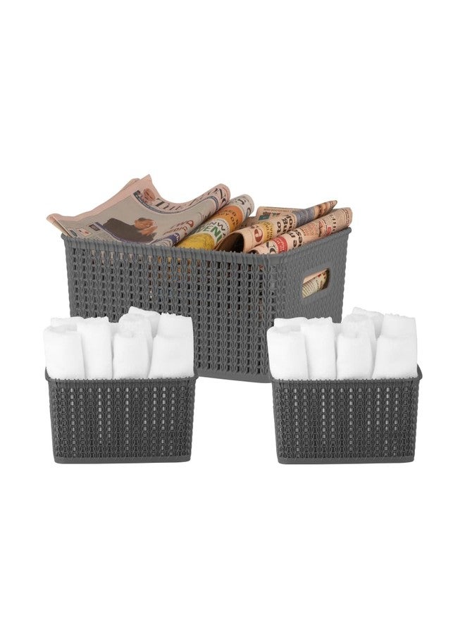 POLYSET MARVEL BASKET 50 + 20 + 20 Without Lid Large & Medium - Pack of 3 GREY Multipurpose Open Basket With Handle for Kitchen, Living room, Bathroom - Image 1