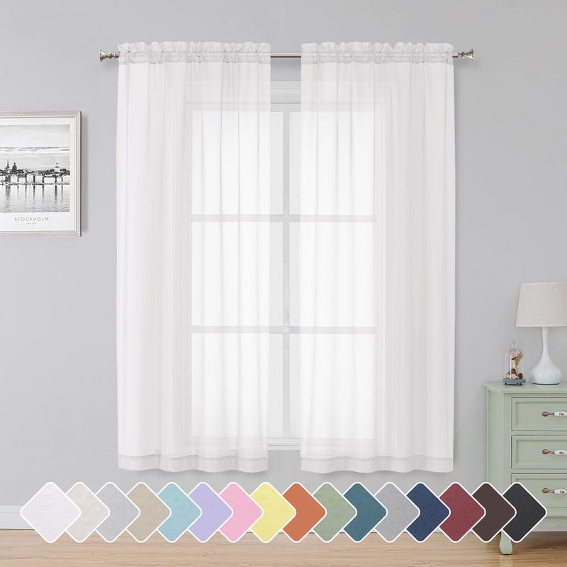 Simplebrand Sheer White Curtains 63 Inch Length 2 Panels, Rod Pocket Solid Color Window Sheer Curtain Panels, Elegant Curtains & Drapes for Living Room, Bedroom 2 Panels (White, 42" W x 63" L) - Image 1