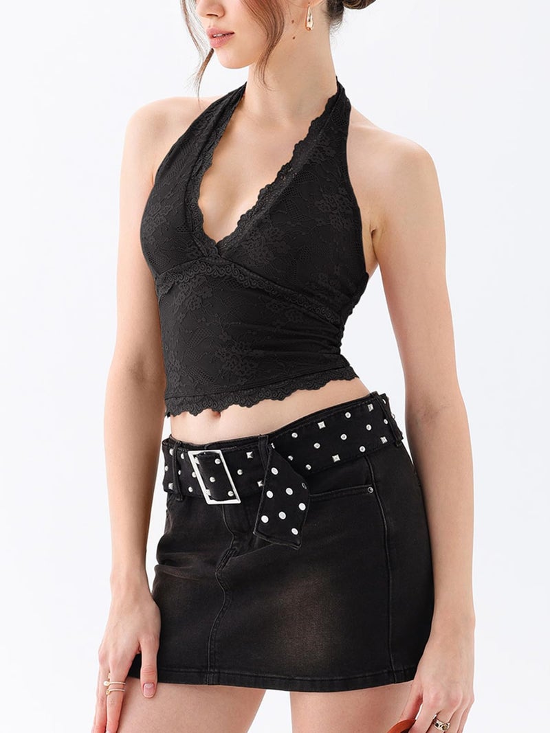 REORIA Womens Sexy V Neck Lace Halter Backless Going Out Double Lined Y2K Trendy Cropped Tank Tops Black Medium - Image 4