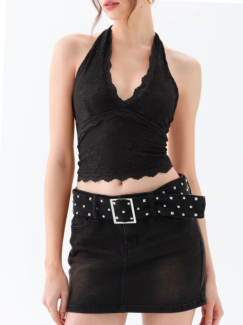 REORIA Womens Sexy V Neck Lace Halter Backless Going Out Double Lined Y2K Trendy Cropped Tank Tops Black Medium - Image 3