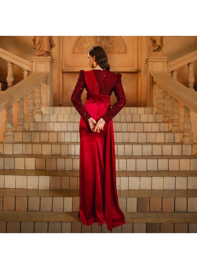 إسكدنيا فستان سهرة أحمر داكن بأكمام طويلة وقصة ذيل السمكة مع لامعة - Image 2