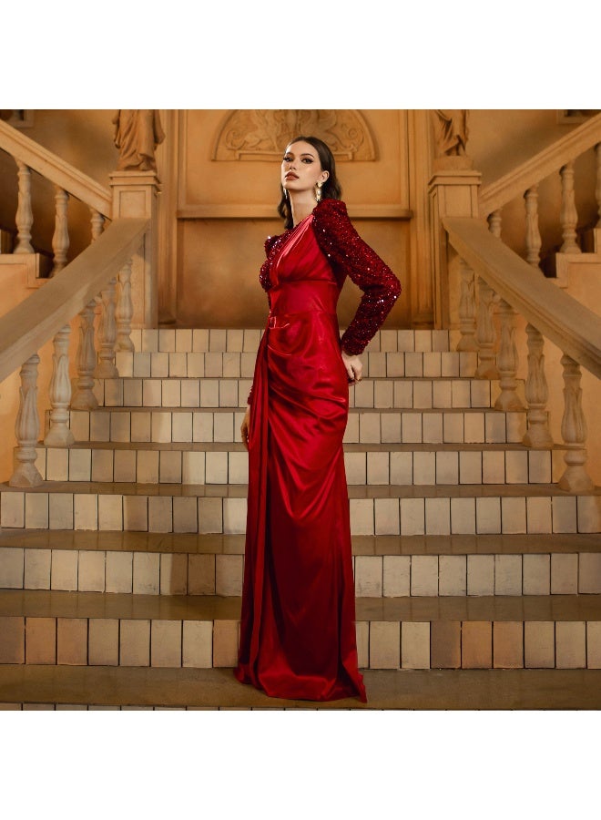 إسكدنيا فستان سهرة أحمر داكن بأكمام طويلة وقصة ذيل السمكة مع لامعة - Image 4