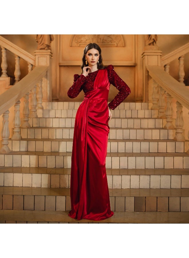 إسكدنيا فستان سهرة أحمر داكن بأكمام طويلة وقصة ذيل السمكة مع لامعة - Image 3