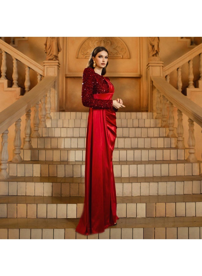 إسكدنيا فستان سهرة أحمر داكن بأكمام طويلة وقصة ذيل السمكة مع لامعة - Image 5